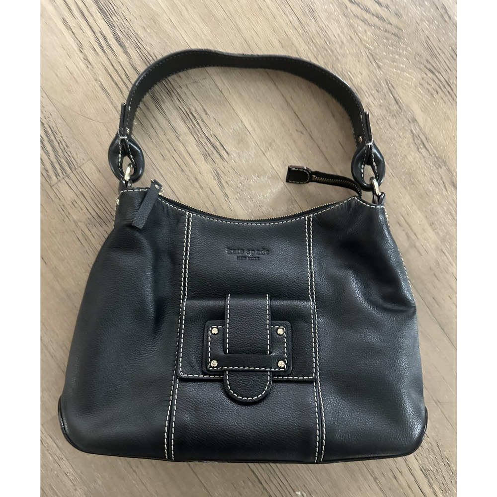 Kate Spade 90s Wellsley Shoulder Bag Black Pebbled Leather Contrast Stitching